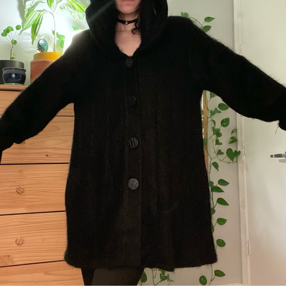 Cozy Black Angora Wool Sweater Coat with Giant Hood and Pockets Very Warm - M - Picture 10 of 12